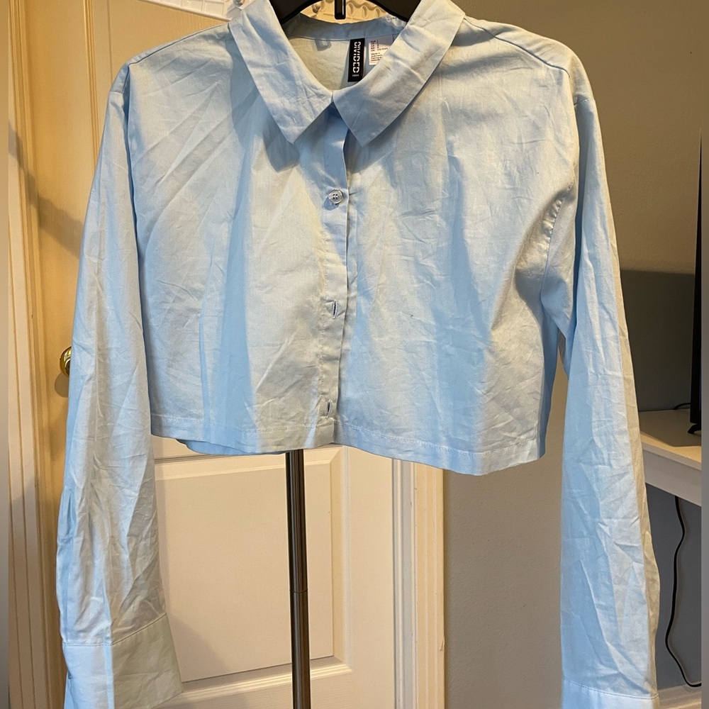 Light Blue Collared Button Up Crop Top